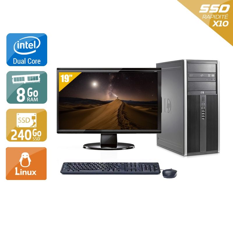 HP Compaq Elite 8000 Tower Dual Core avec Écran 19 pouces 8Go RAM 240Go SSD Linux