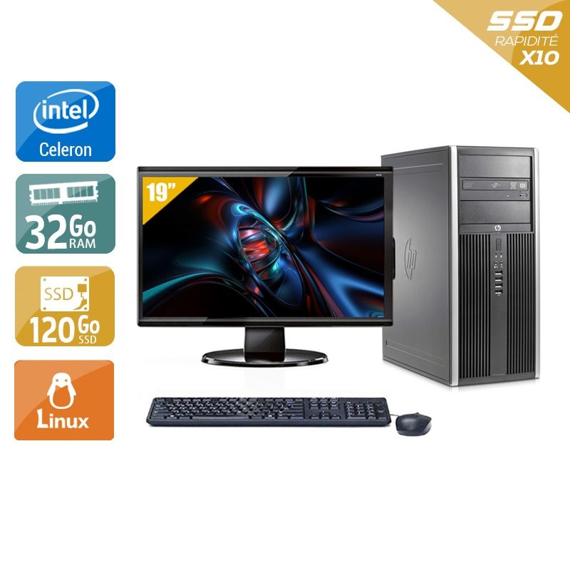 HP Compaq Elite 8200 Tower Celeron Dual Core avec Écran 19 pouces 32Go RAM 120Go SSD Linux