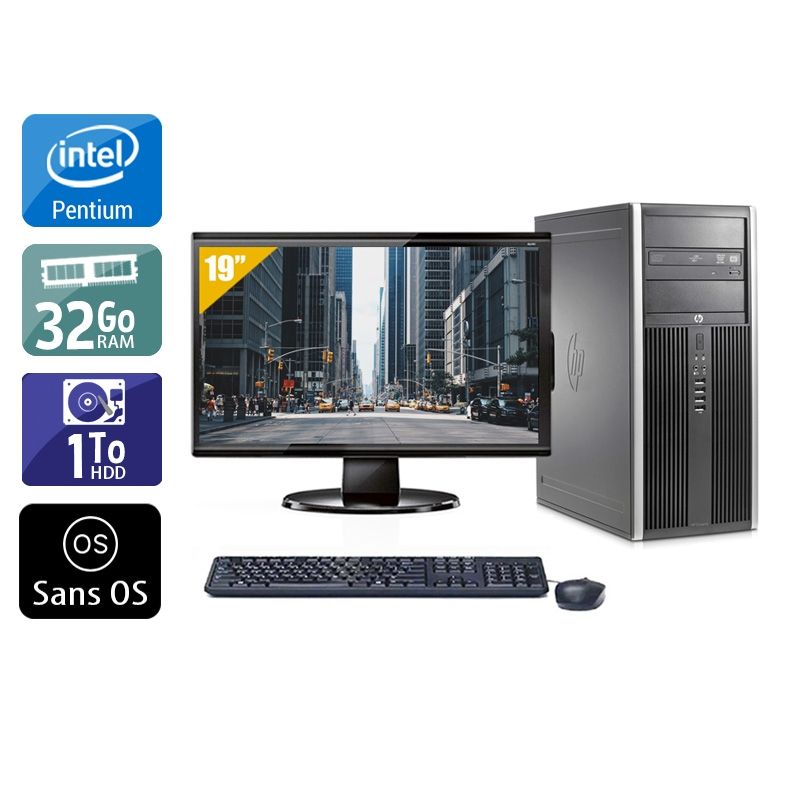 HP Compaq Elite 8200 Tower Pentium G Dual Core avec Écran 19 pouces 32Go RAM 1To HDD Sans OS