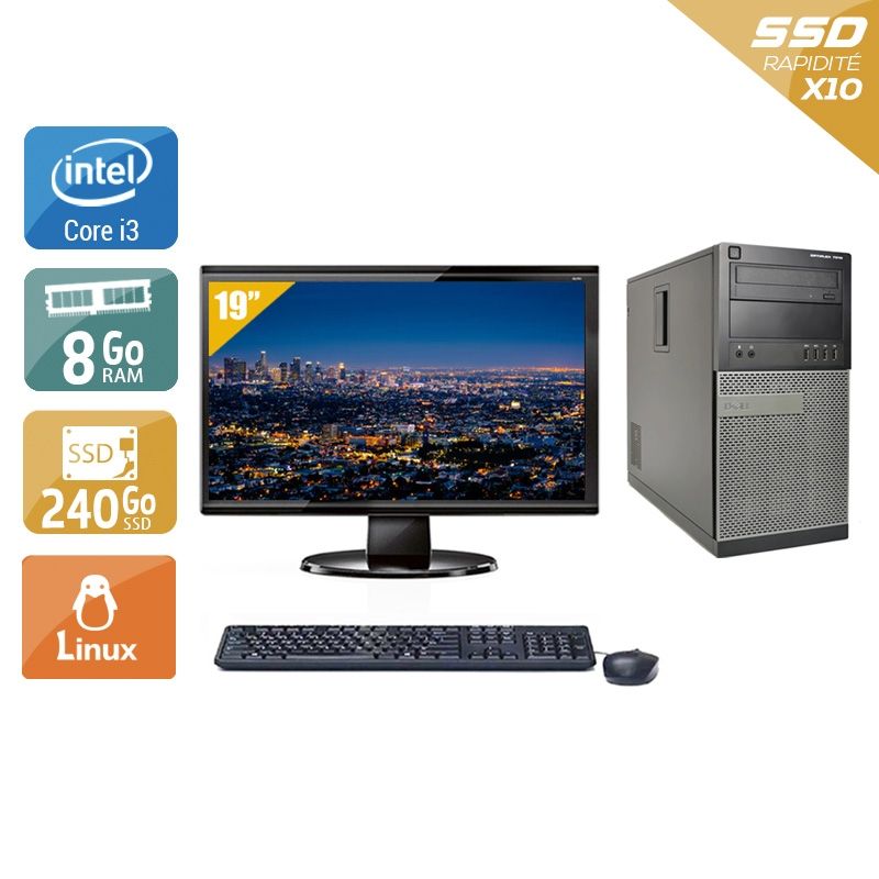 Dell Optiplex 7010 Tower i3 avec Écran 19 pouces 8Go RAM 240Go SSD Linux