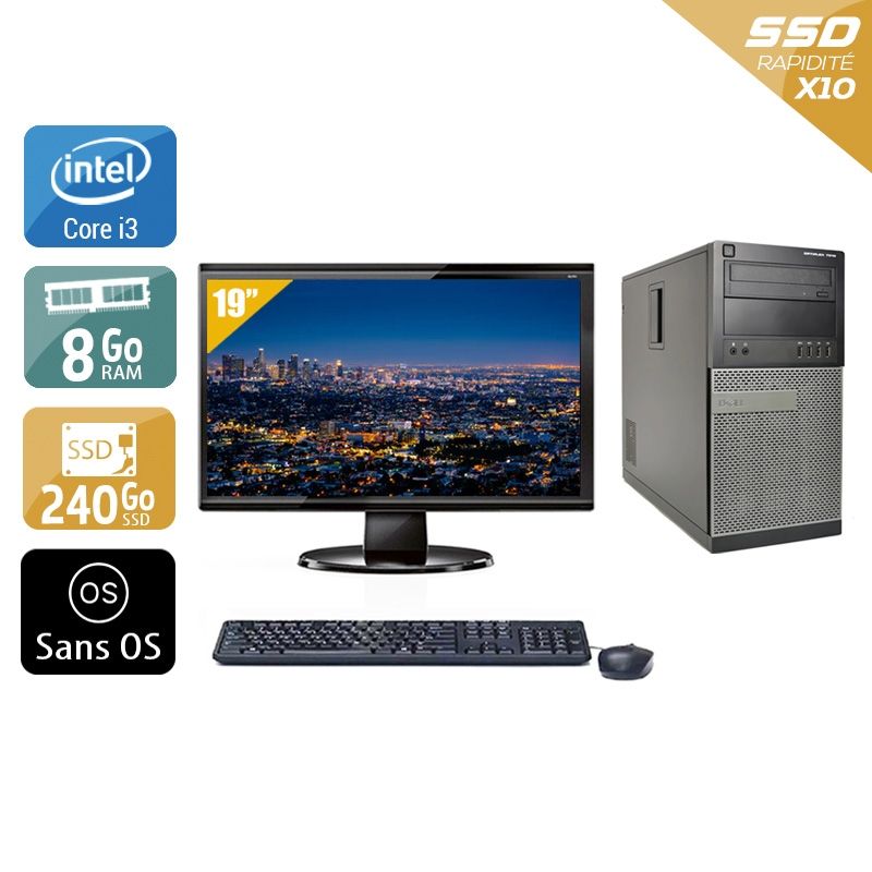 Dell Optiplex 7010 Tower i3 avec Écran 19 pouces 8Go RAM 240Go SSD Sans OS
