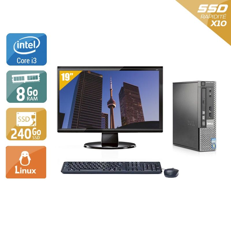 Dell Optiplex 7010 USDT i3 avec Écran 19 pouces 8Go RAM 240Go SSD Linux