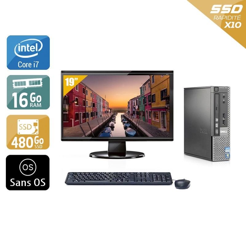 Dell Optiplex 7010 USDT i7 avec Écran 19 pouces 16Go RAM 480Go SSD Sans OS
