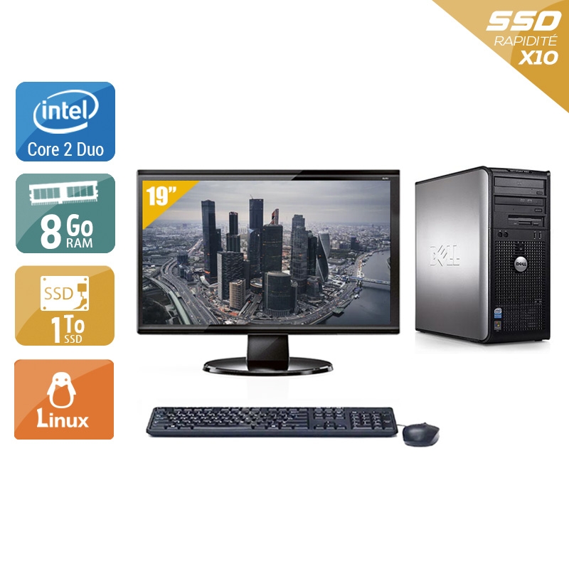 Dell Optiplex 760 Tower Core 2 Duo avec Écran 19 pouces 8Go RAM 1To SSD Linux