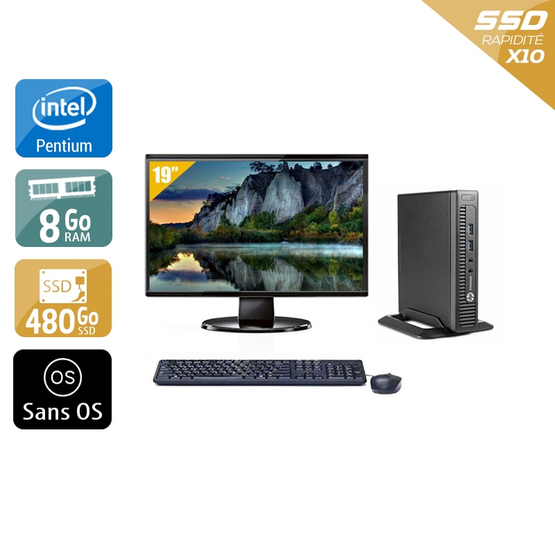 HP EliteDesk 800 G1 TINY Pentium G Dual Core avec Écran 19 pouces 8Go RAM 480Go SSD Sans OS