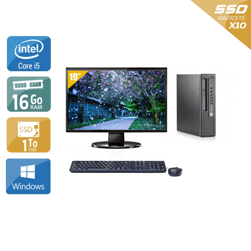 HP EliteDesk 800 G1 USDT i5 avec Écran 19 pouces 16Go RAM 1To SSD Windows 10