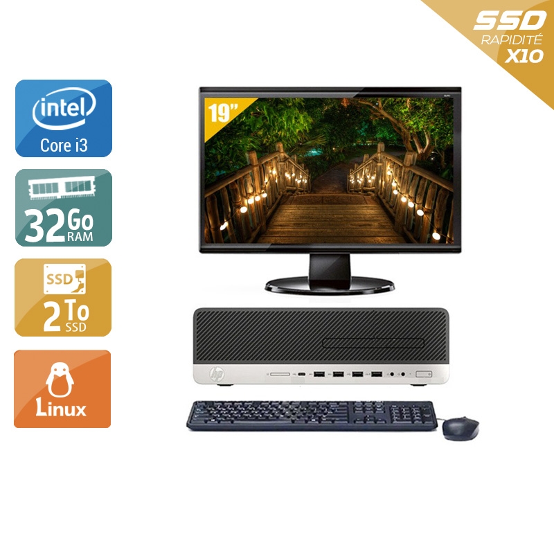 HP EliteDesk 800 G3 SFF i3 Gen 7 avec Écran 19 pouces 32Go RAM 2To SSD Linux