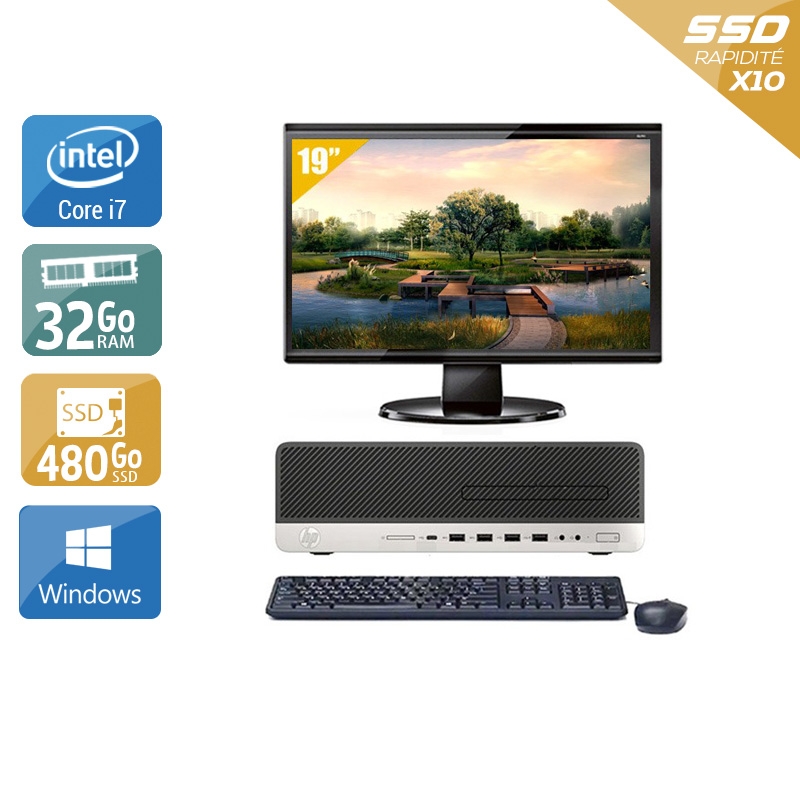 HP EliteDesk 800 G3 SFF i7 Gen 6 avec Écran 19 pouces 32Go RAM 480Go SSD Windows 10