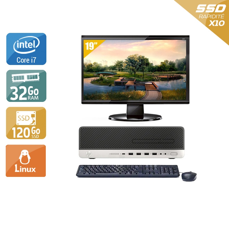 HP EliteDesk 800 G3 SFF i7 Gen 6 avec Écran 19 pouces 32Go RAM 120Go SSD Linux