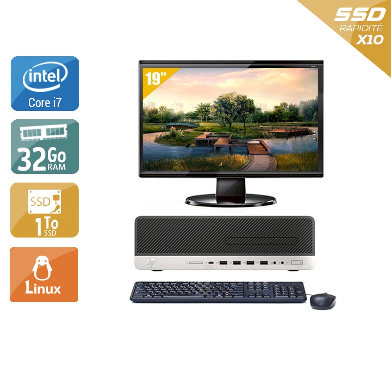HP EliteDesk 800 G3 SFF i7 Gen 6 avec Écran 19 pouces 32Go RAM 1To SSD Linux