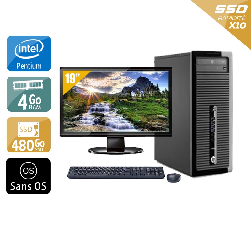 HP ProDesk 400 G1 Tower Pentium G Dual Core avec Écran 19 pouces 4Go RAM 480Go SSD Sans OS