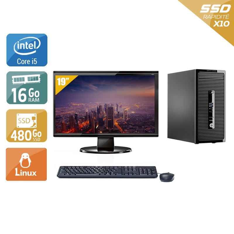 HP ProDesk 400 G2 Tower i5 avec Écran 19 pouces 16Go RAM 480Go SSD Linux