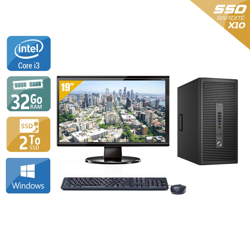 HP ProDesk 600 G2 Tower i3 Gen 6 avec Écran 19 pouces 32Go RAM 2To SSD Windows 10