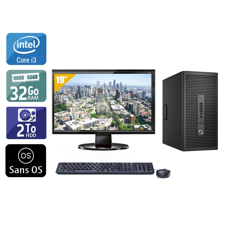 HP ProDesk 600 G2 Tower i3 Gen 6 avec Écran 19 pouces 32Go RAM 2To HDD Sans OS