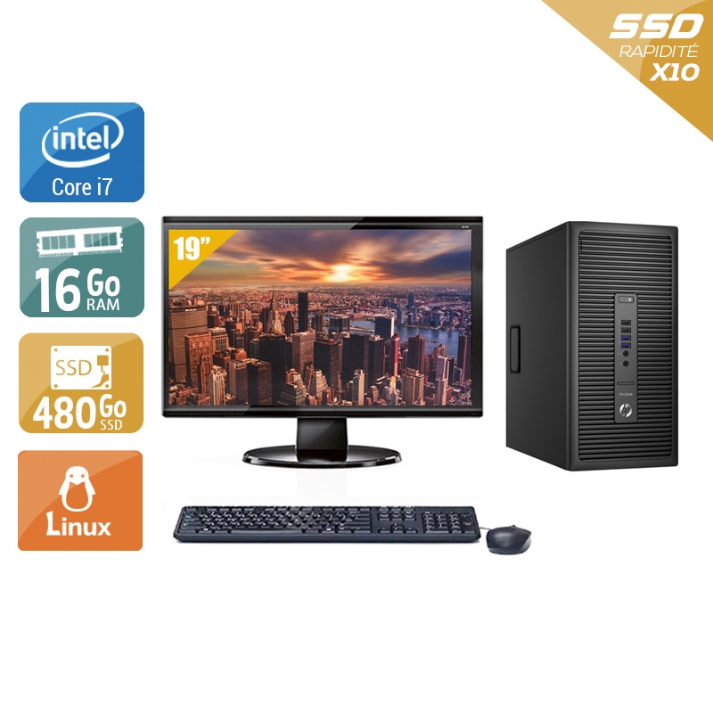 HP ProDesk 600 G2 Tower i7 Gen 6 avec Écran 19 pouces 16Go RAM 480Go SSD Linux