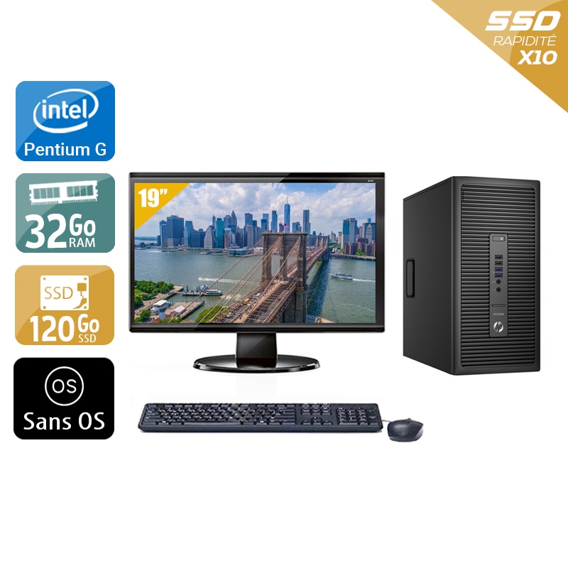 HP ProDesk 600 G2 Tower Pentium G Dual Core Gen 6 avec Écran 19 pouces 32Go RAM 120Go SSD Sans OS