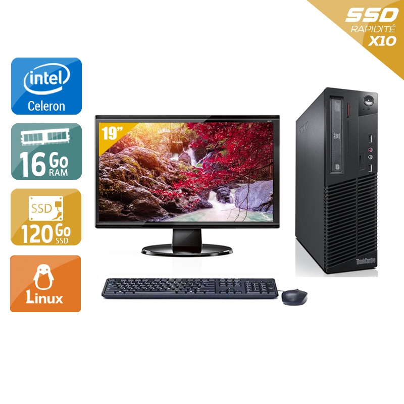 Lenovo ThinkCentre M73 SFF Celeron Dual Core avec Écran 19 pouces 16Go RAM 120Go SSD Linux