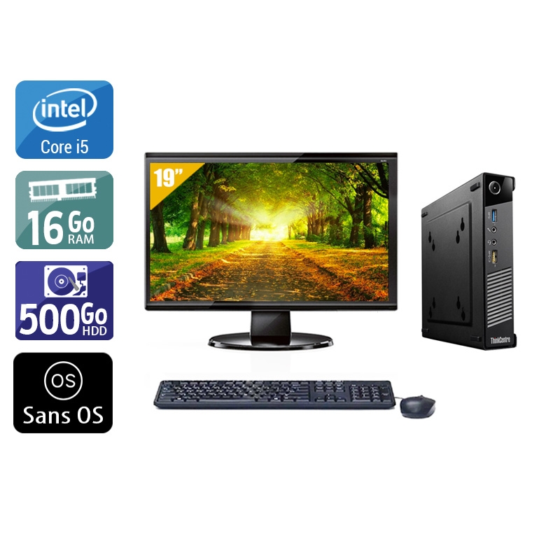 Lenovo ThinkCentre M73 Tiny i5 avec Écran 19 pouces 16Go RAM 500Go HDD Sans OS