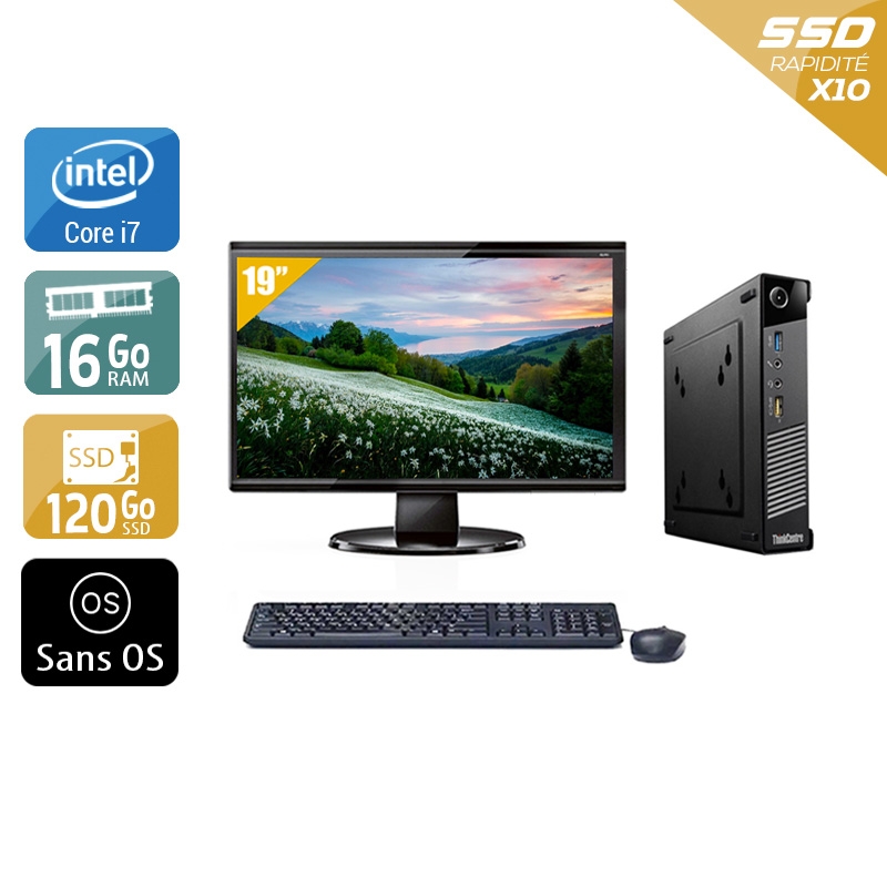 Lenovo ThinkCentre M73 Tiny i7 avec Écran 19 pouces 16Go RAM 120Go SSD Sans OS
