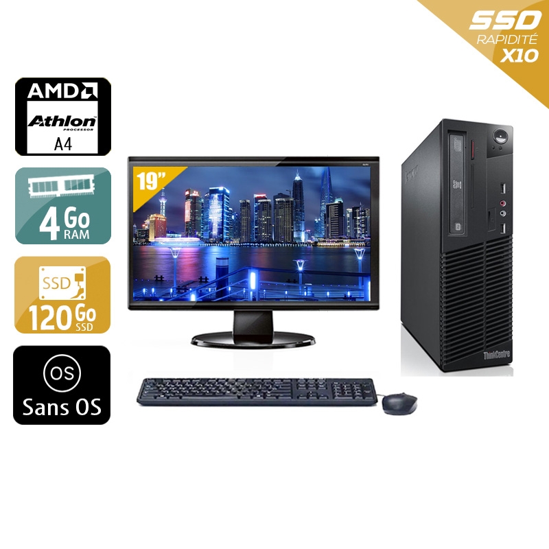 Lenovo ThinkCentre M78 SFF AMD A4 avec Écran 19 pouces 4Go RAM 120Go SSD Sans OS