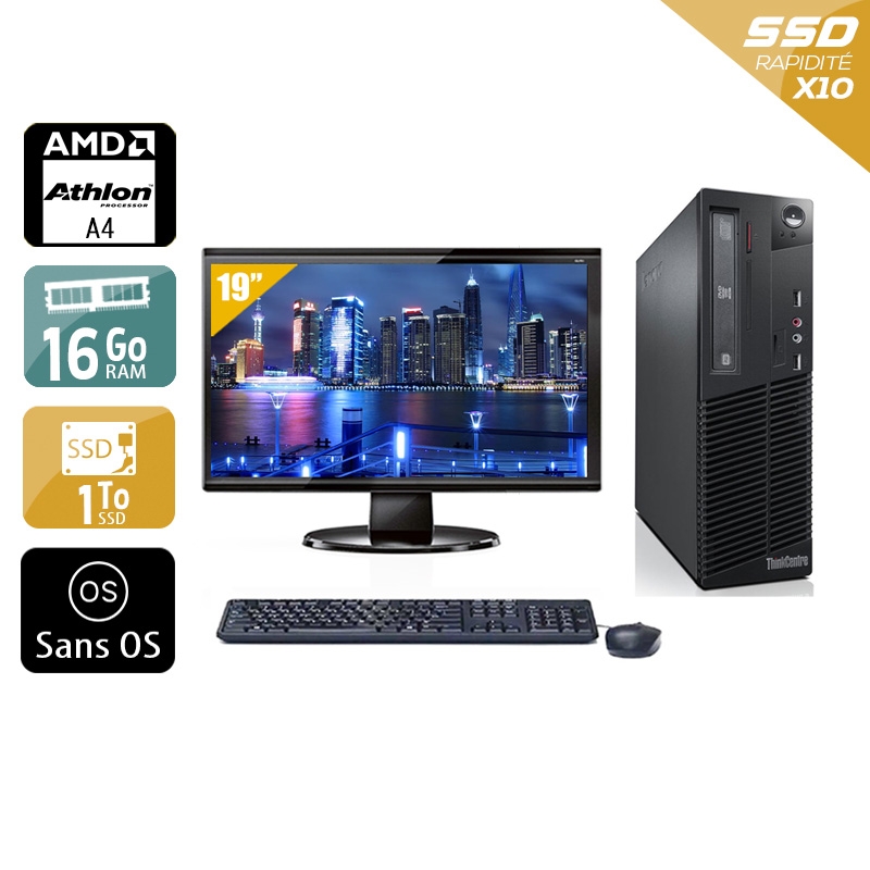 Lenovo ThinkCentre M78 SFF AMD A4 avec Écran 19 pouces 16Go RAM 1To SSD Sans OS