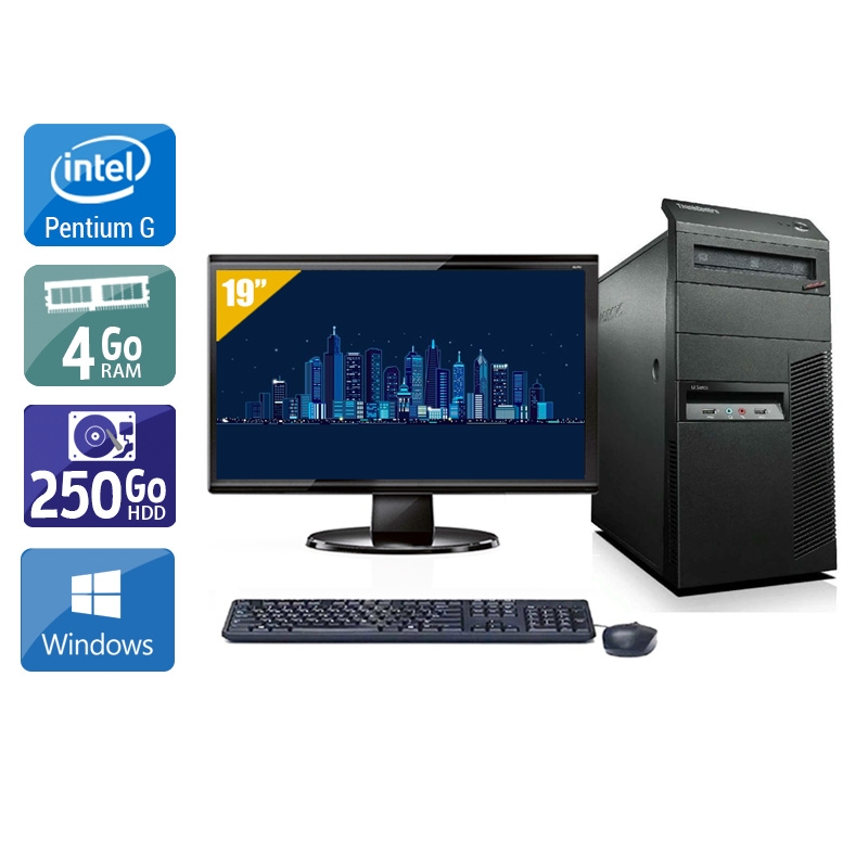 Lenovo ThinkCentre M81 Tower Pentium G Dual Core avec Écran 19 pouces 4Go RAM 250Go HDD Windows 10