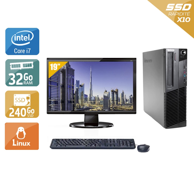 Lenovo ThinkCentre M83 SFF i7 avec Écran 19 pouces 32Go RAM 240Go SSD Linux
