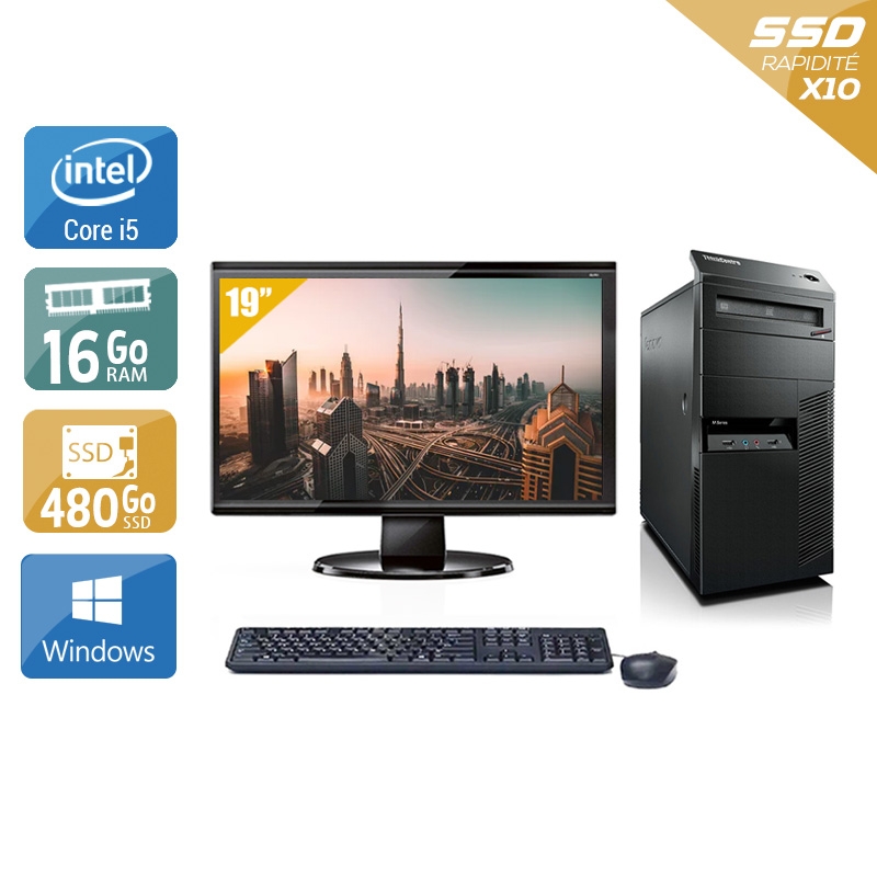 Lenovo ThinkCentre M90 Tower i5 avec Écran 19 pouces 16Go RAM 480Go SSD Windows 10