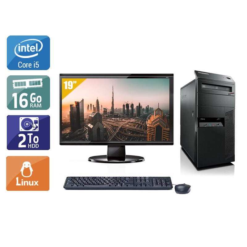 Lenovo ThinkCentre M90 Tower i5 avec Écran 19 pouces 16Go RAM 2To HDD Linux