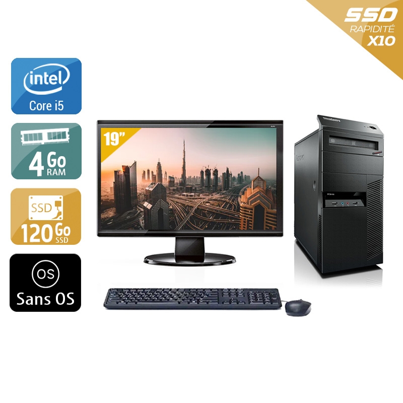 Lenovo ThinkCentre M90 Tower i5 avec Écran 19 pouces 4Go RAM 120Go SSD Sans OS