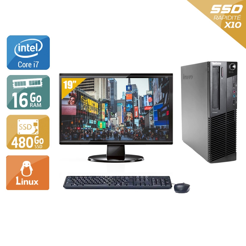 Lenovo ThinkCentre M91 SFF i7 avec Écran 19 pouces 16Go RAM 480Go SSD Linux