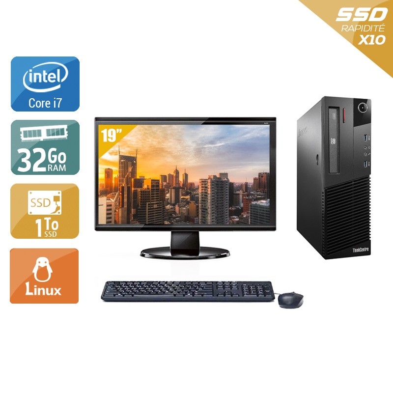 Lenovo ThinkCentre M93 SFF i7 avec Écran 19 pouces 32Go RAM 1To SSD Linux