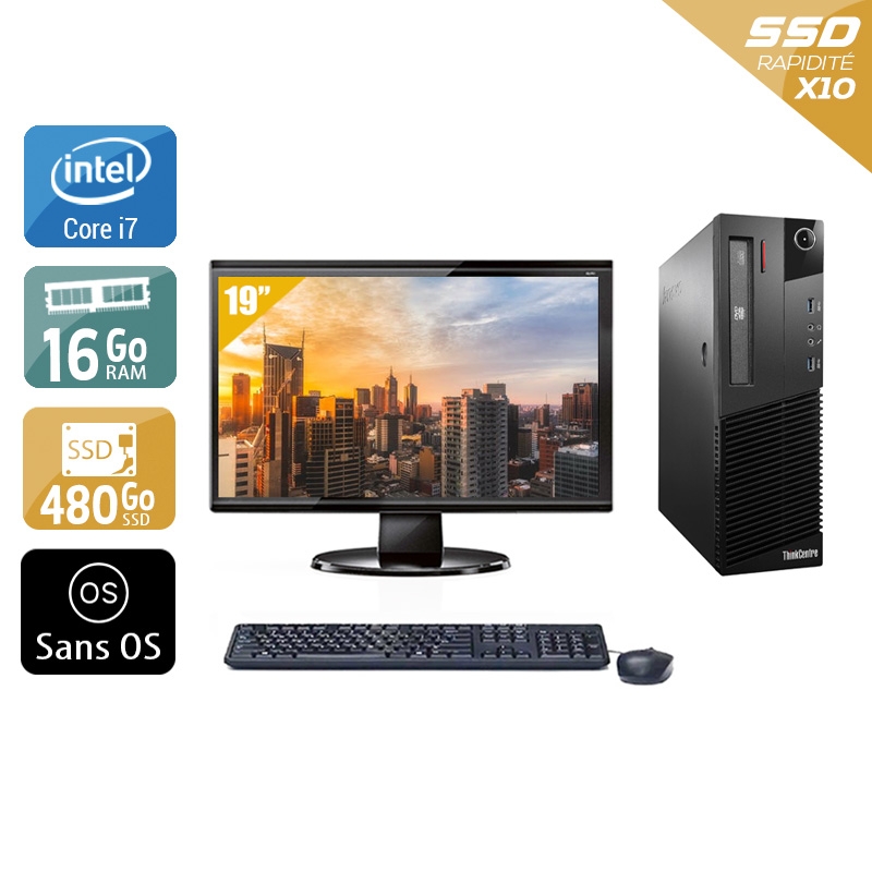 Lenovo ThinkCentre M93 SFF i7 avec Écran 19 pouces 16Go RAM 480Go SSD Sans OS