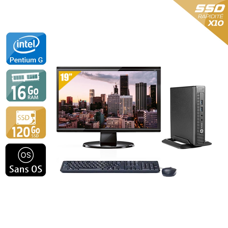 HP ProDesk 600 G1 TINY Pentium G Dual Core avec Écran 19 pouces 16Go RAM 120Go SSD Sans OS