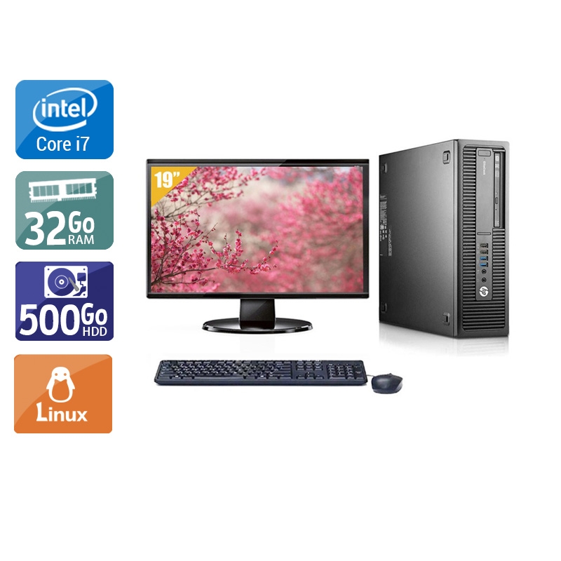 HP EliteDesk 800 G1 SFF i7 avec Écran 19 pouces 32Go RAM 500Go HDD Linux