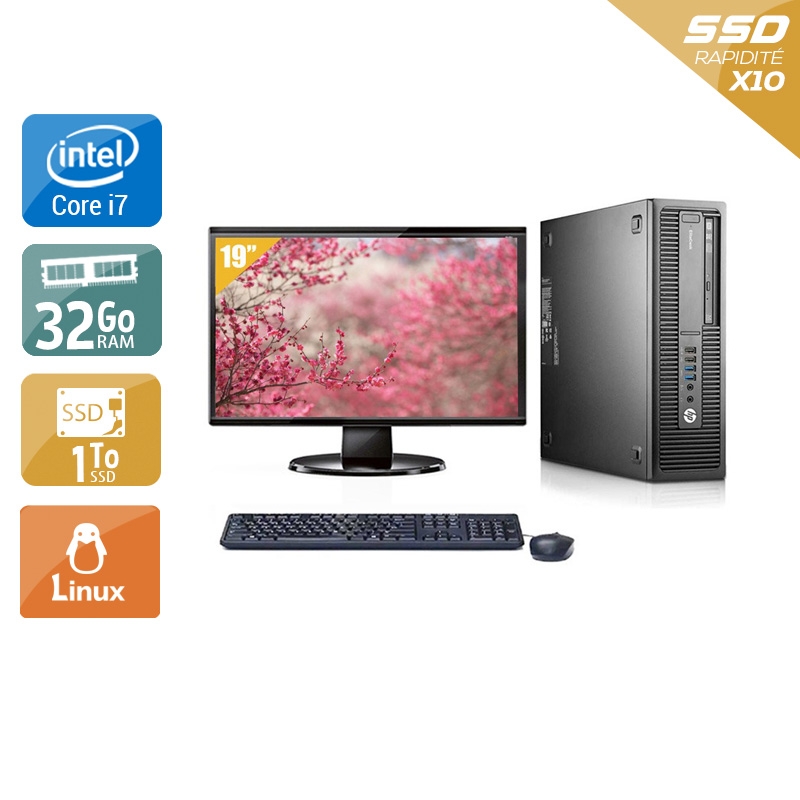 HP EliteDesk 800 G1 SFF i7 avec Écran 19 pouces 32Go RAM 1To SSD Linux