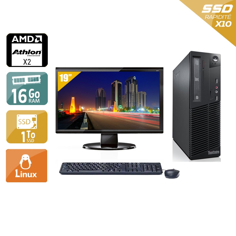 Lenovo ThinkCentre M77 SFF AMD Athlon Dual Core avec Écran 19 pouces 16Go RAM 2To SSD Linux