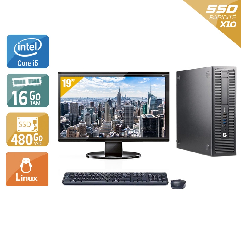 HP ProDesk 600 G2 SFF i5 Gen 6 avec Écran 19 pouces 16Go RAM 480Go SSD Linux