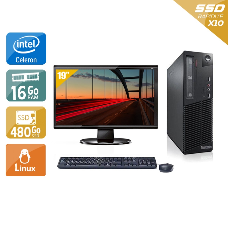 Lenovo ThinkCentre M72E SFF Celeron Dual Core avec Écran 19 pouces 16Go RAM 480Go SSD Linux
