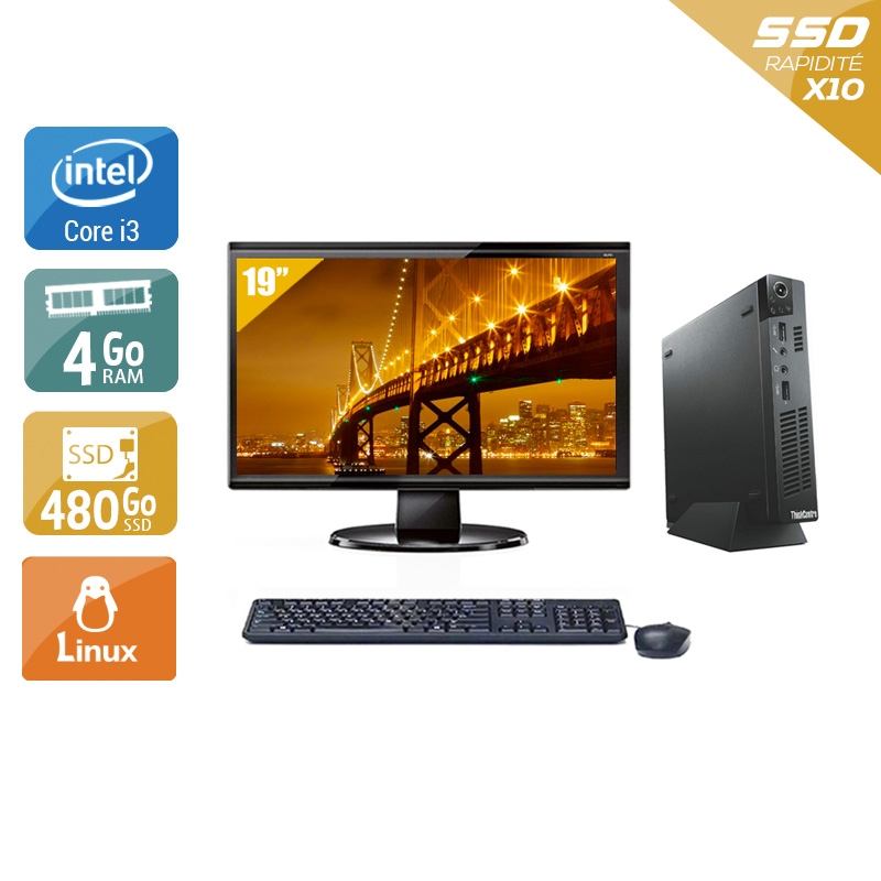 Lenovo ThinkCentre M72E Tiny i3 avec Écran 19 pouces 4Go RAM 480Go SSD Linux