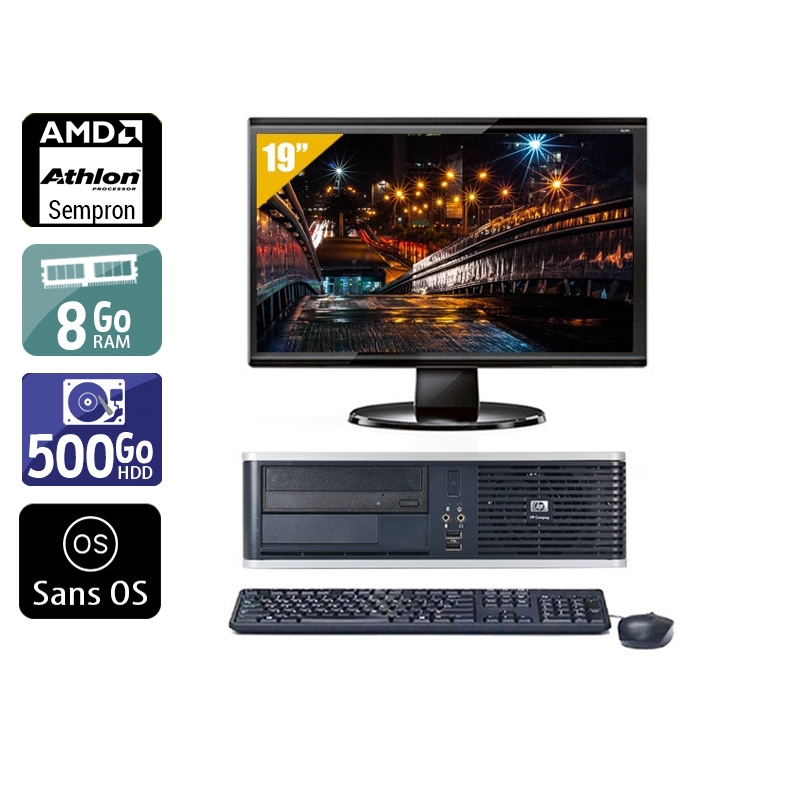 HP Compaq dc5750 SFF AMD Sempron avec Écran 19 pouces 8Go RAM 500Go HDD Sans OS