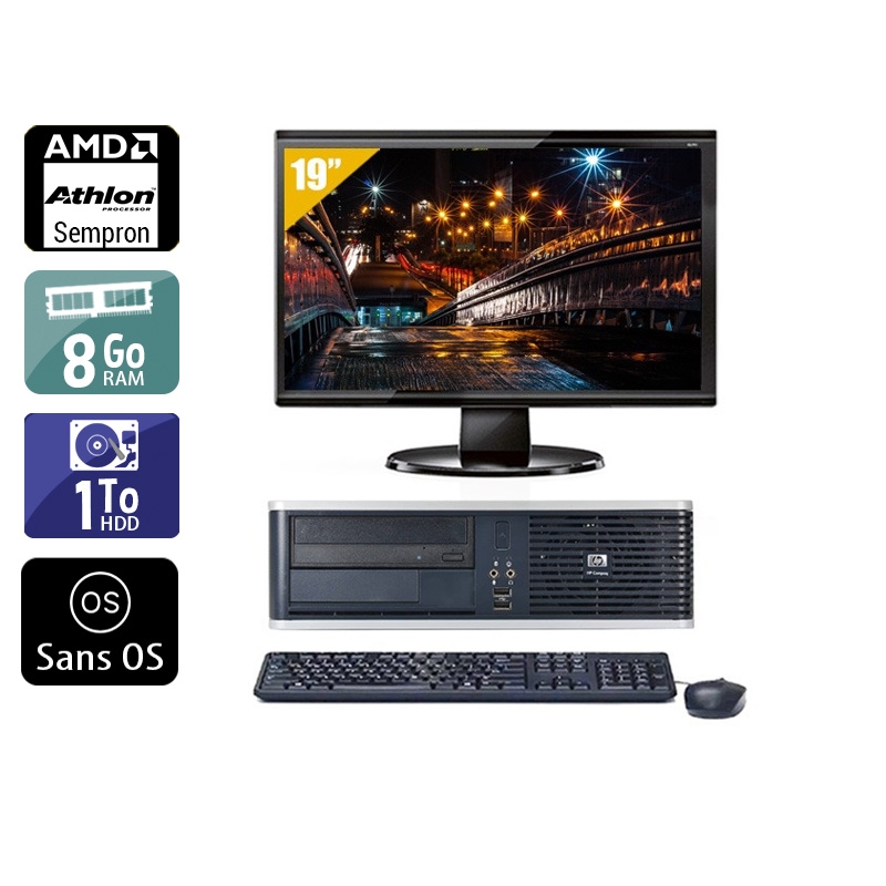 HP Compaq dc5750 SFF AMD Sempron avec Écran 19 pouces 8Go RAM 1To HDD Sans OS