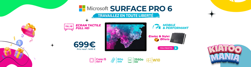 Microsoft Surface Pro 6 12,3" i5 Gen 8 8Go RAM 256Go SSD Windows 10 (Clavier et stylet offerts)
